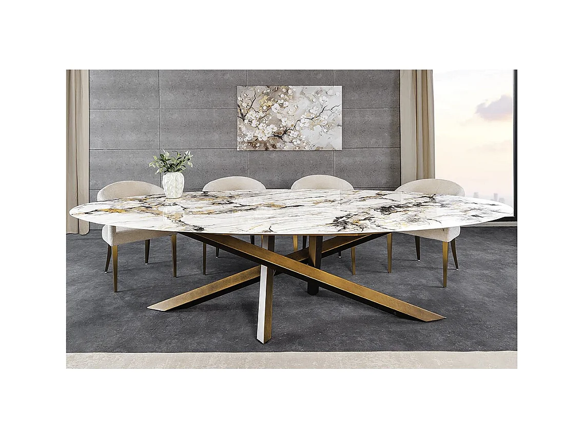 Table de salle à manger AERIS – Ovale 280 cm – Plateau céramique effet marbre blanc et bronze – Pieds métal – Style chic