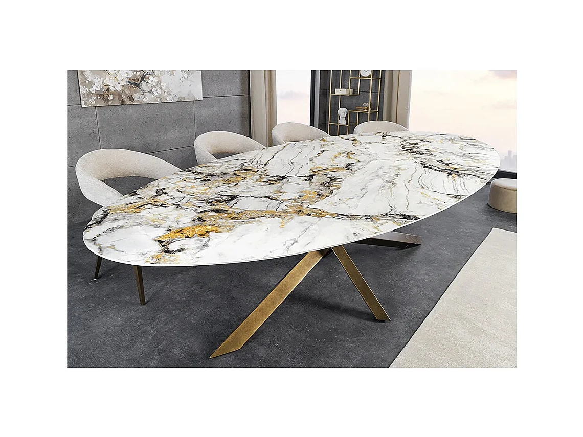 Table de salle à manger AERIS – Ovale 280 cm – Plateau céramique effet marbre blanc et bronze – Pieds métal – Style chic