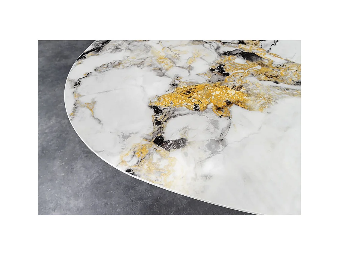 Table de salle à manger AERIS – Ovale 280 cm – Plateau céramique effet marbre blanc et bronze – Pieds métal – Style chic