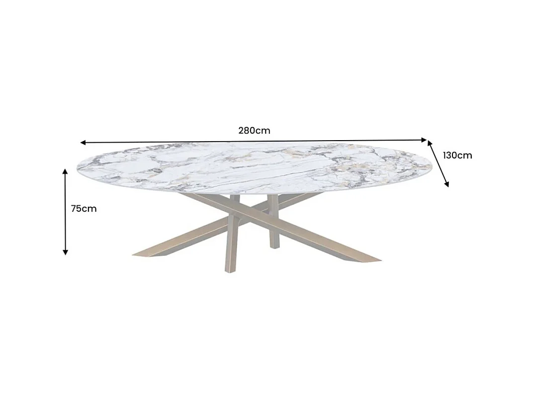 Table de salle à manger AERIS – Ovale 280 cm – Plateau céramique effet marbre blanc et bronze – Pieds métal – Style chic