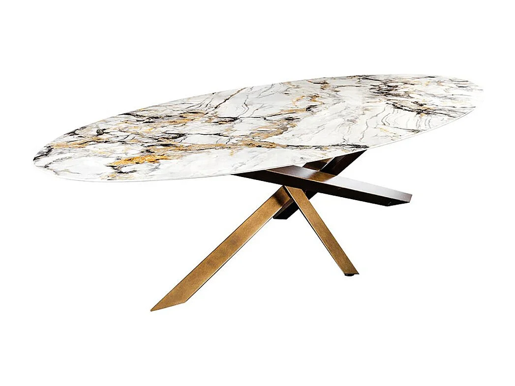 Table de salle à manger AERIS – Ovale 280 cm – Plateau céramique effet marbre blanc et bronze – Pieds métal – Style chic