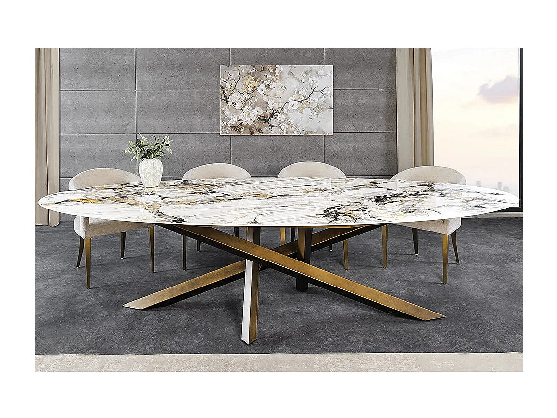 Table de salle à manger AERIS – Ovale 280 cm – Plateau céramique effet marbre blanc et bronze – Pieds métal – Style chic