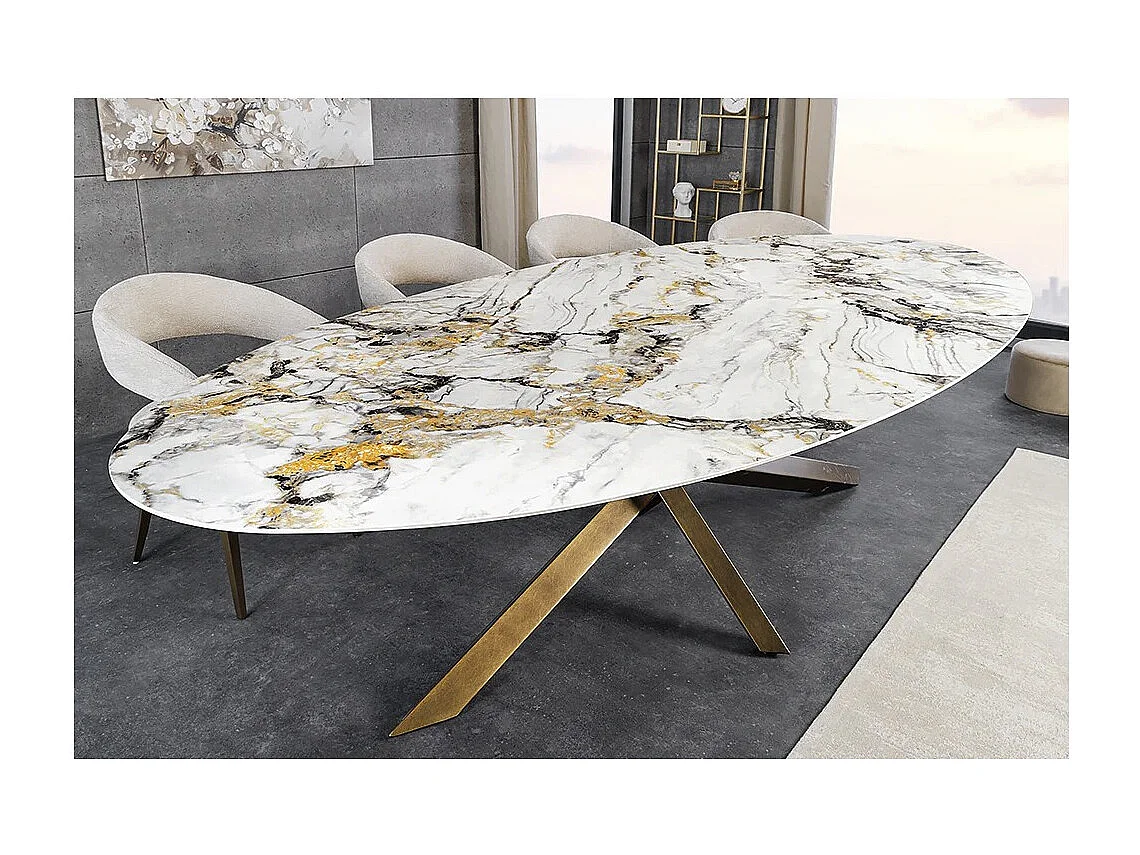 Table de salle à manger AERIS – Ovale 280 cm – Plateau céramique effet marbre blanc et bronze – Pieds métal – Style chic
