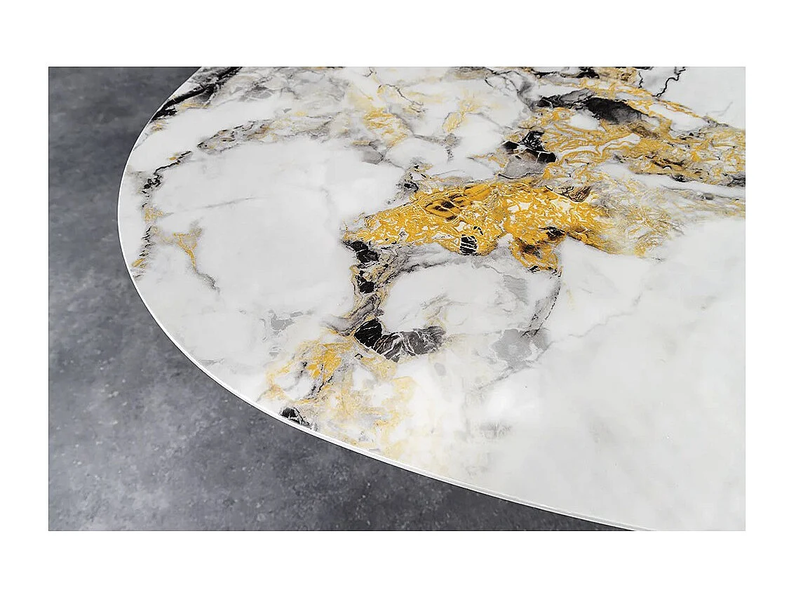 Table de salle à manger AERIS – Ovale 280 cm – Plateau céramique effet marbre blanc et bronze – Pieds métal – Style chic