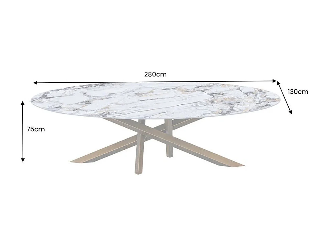 Table de salle à manger AERIS – Ovale 280 cm – Plateau céramique effet marbre blanc et bronze – Pieds métal – Style chic