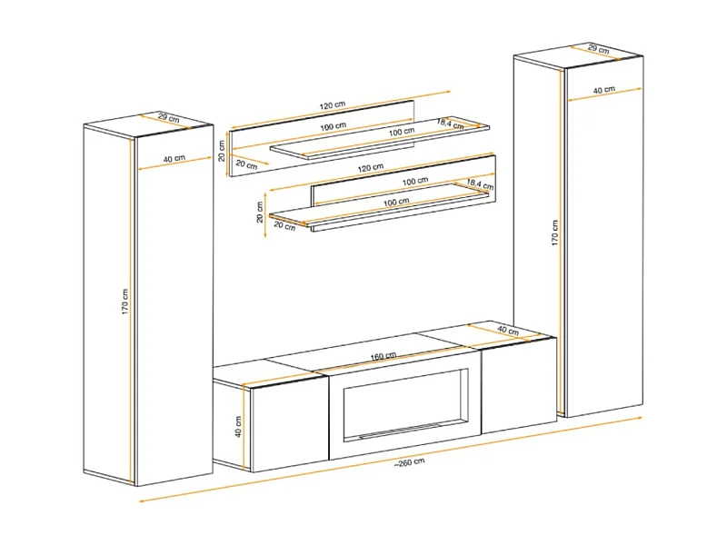 Composition murale FLY cachemire avec cheminée bio-éthanol et rangements