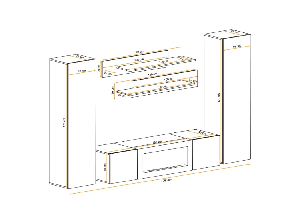 Composition murale FLY cachemire avec cheminée bio-éthanol et rangements