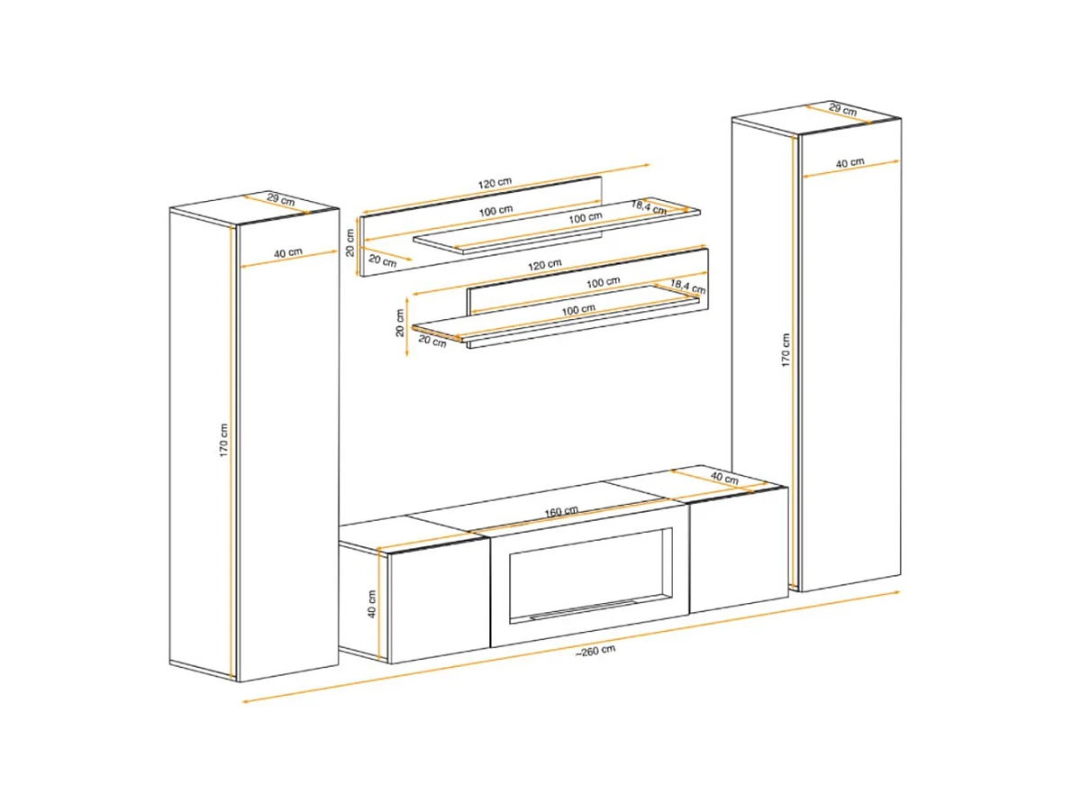 Composition murale FLY cachemire avec cheminée bio-éthanol et rangements