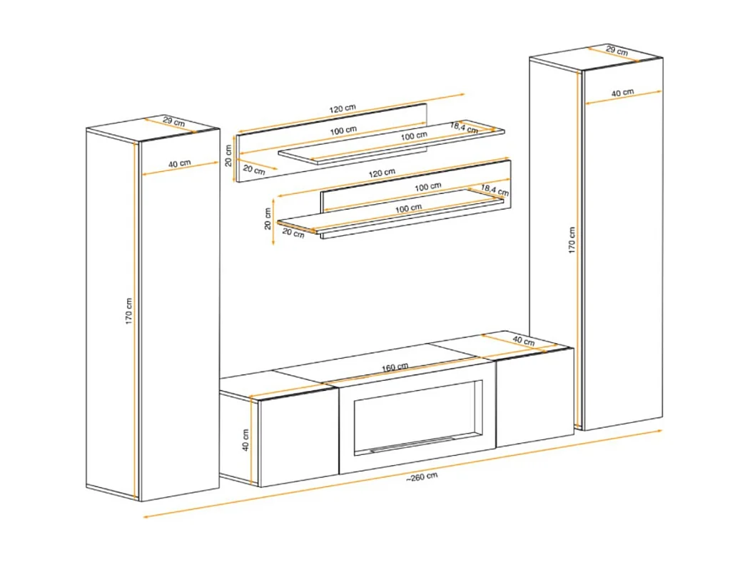 Composition murale FLY cachemire avec cheminée bio-éthanol et rangements