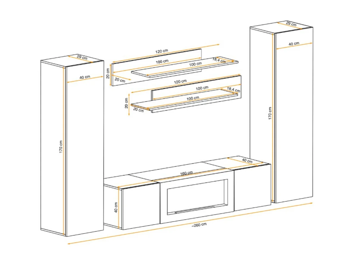 Composition murale FLY cachemire avec cheminée bio-éthanol et rangements