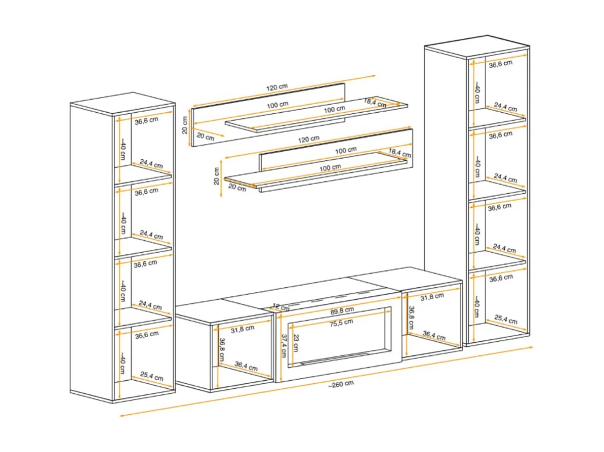 Composition murale FLY cachemire avec cheminée bio-éthanol et rangements