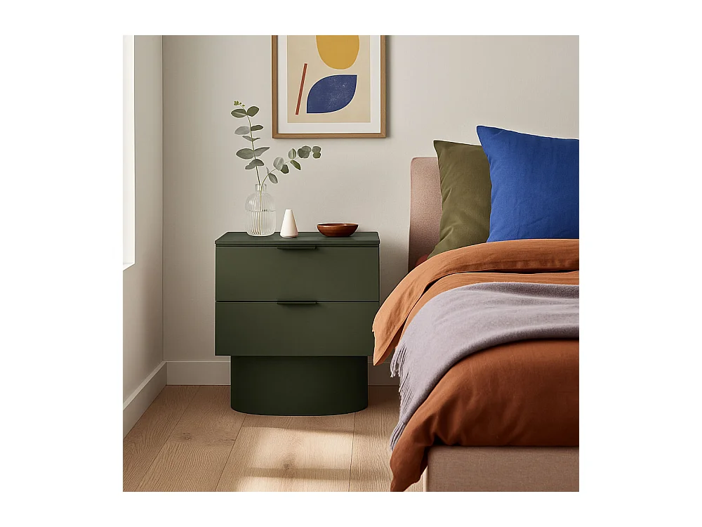 Totem - Table de chevet 2 tiroirs en bois - Vert olive