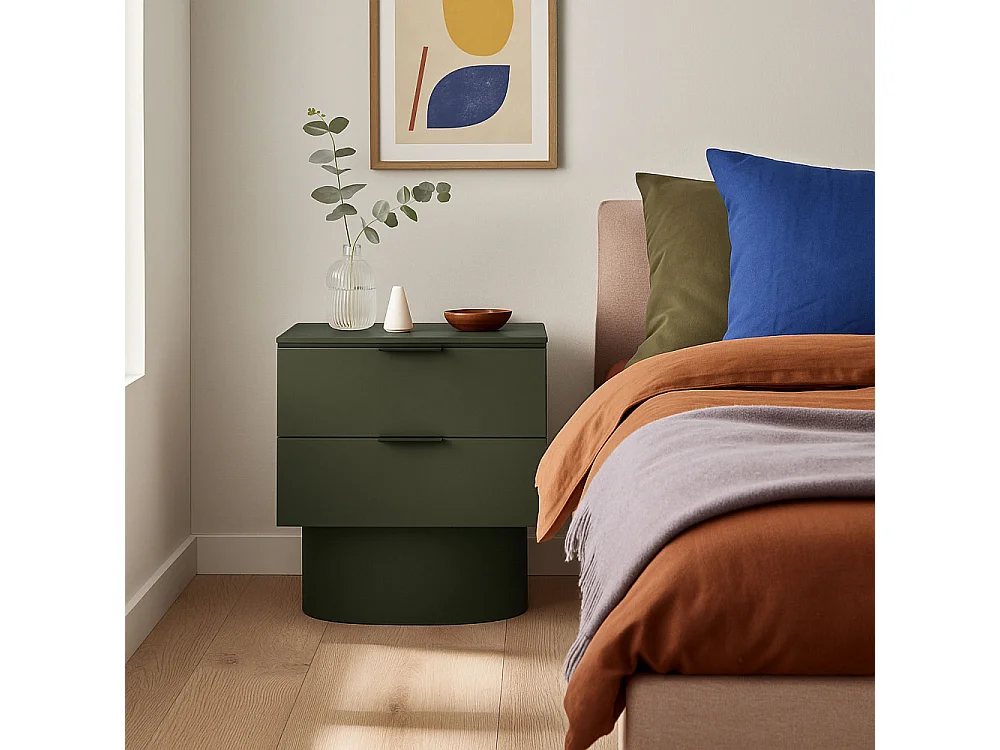 Totem - Table de chevet 2 tiroirs en bois - Vert olive