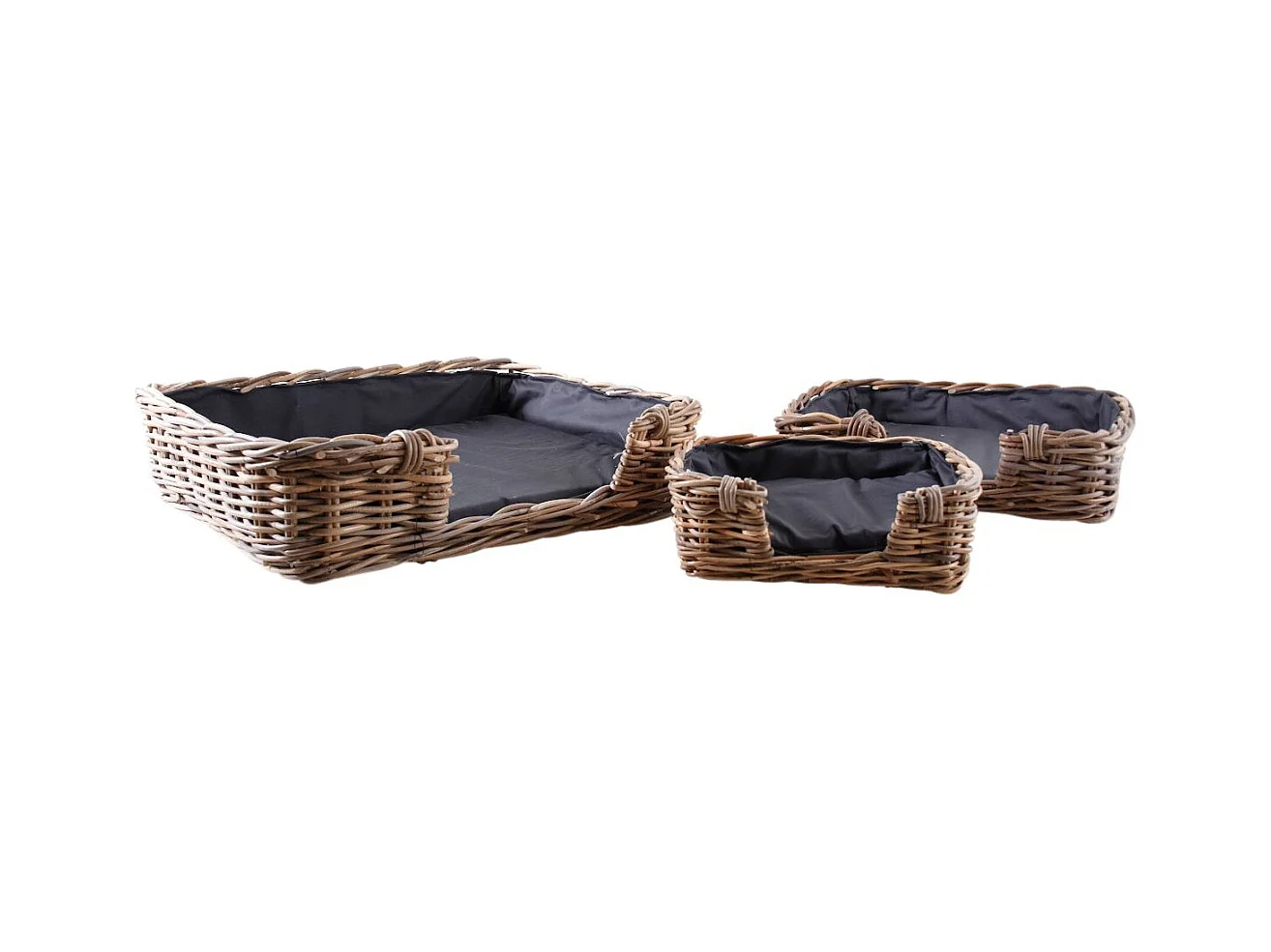 Lot de 3 paniers rectangulaires en poelet gris avec coussins noirs pour animaux | Aubry Gaspard