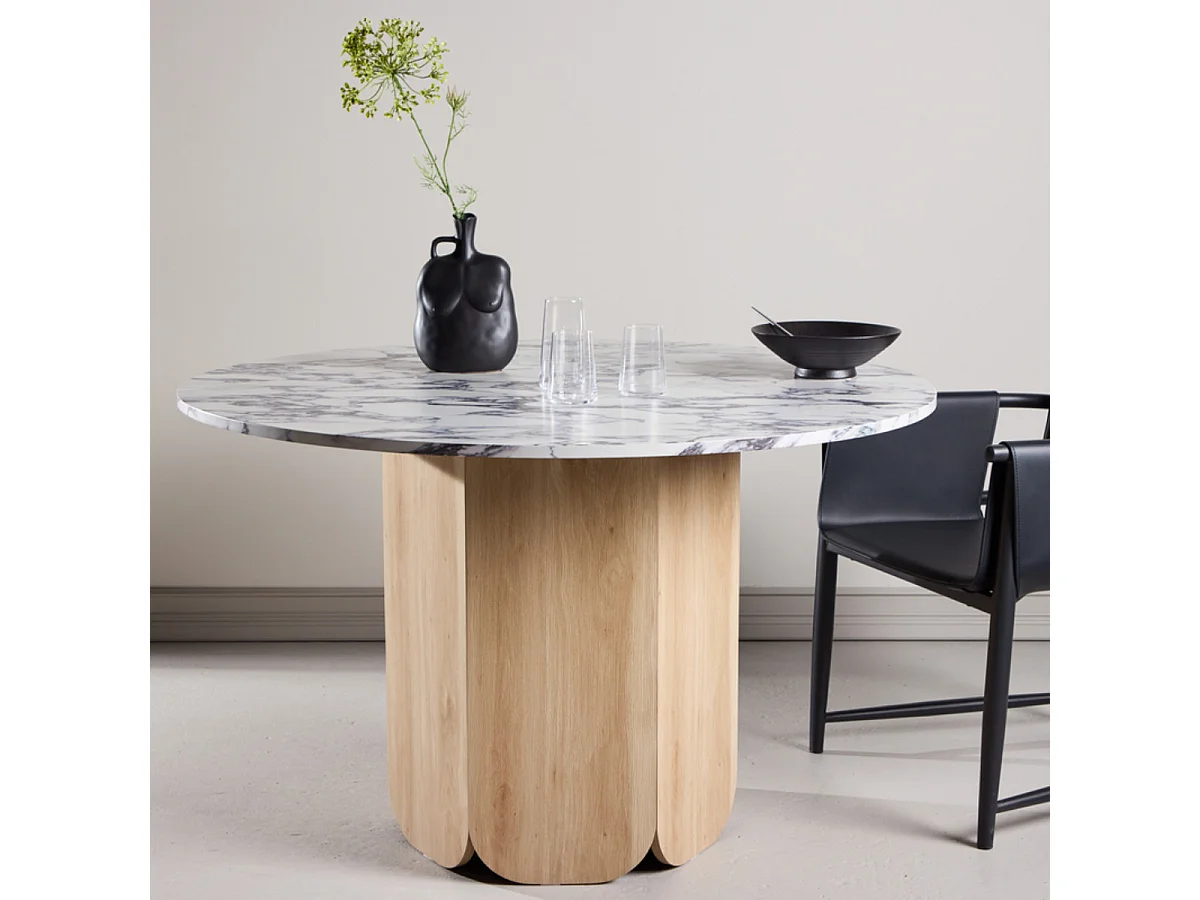 Table à Manger Ronde Effet Calacatta "Tekla" 120cm Gris & Naturel