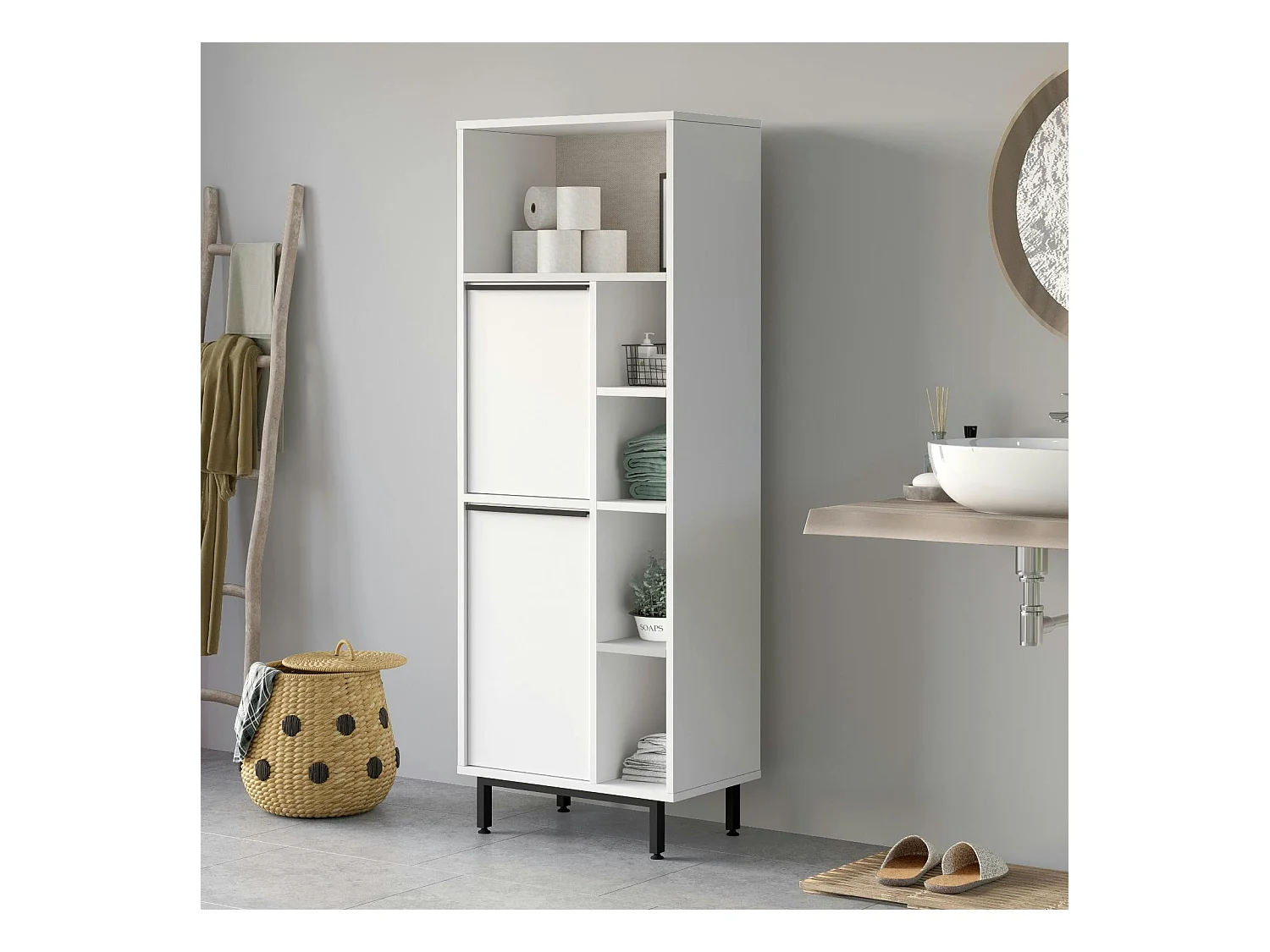 Colonne salle de bains blanche 2 portes 5 niches JENA