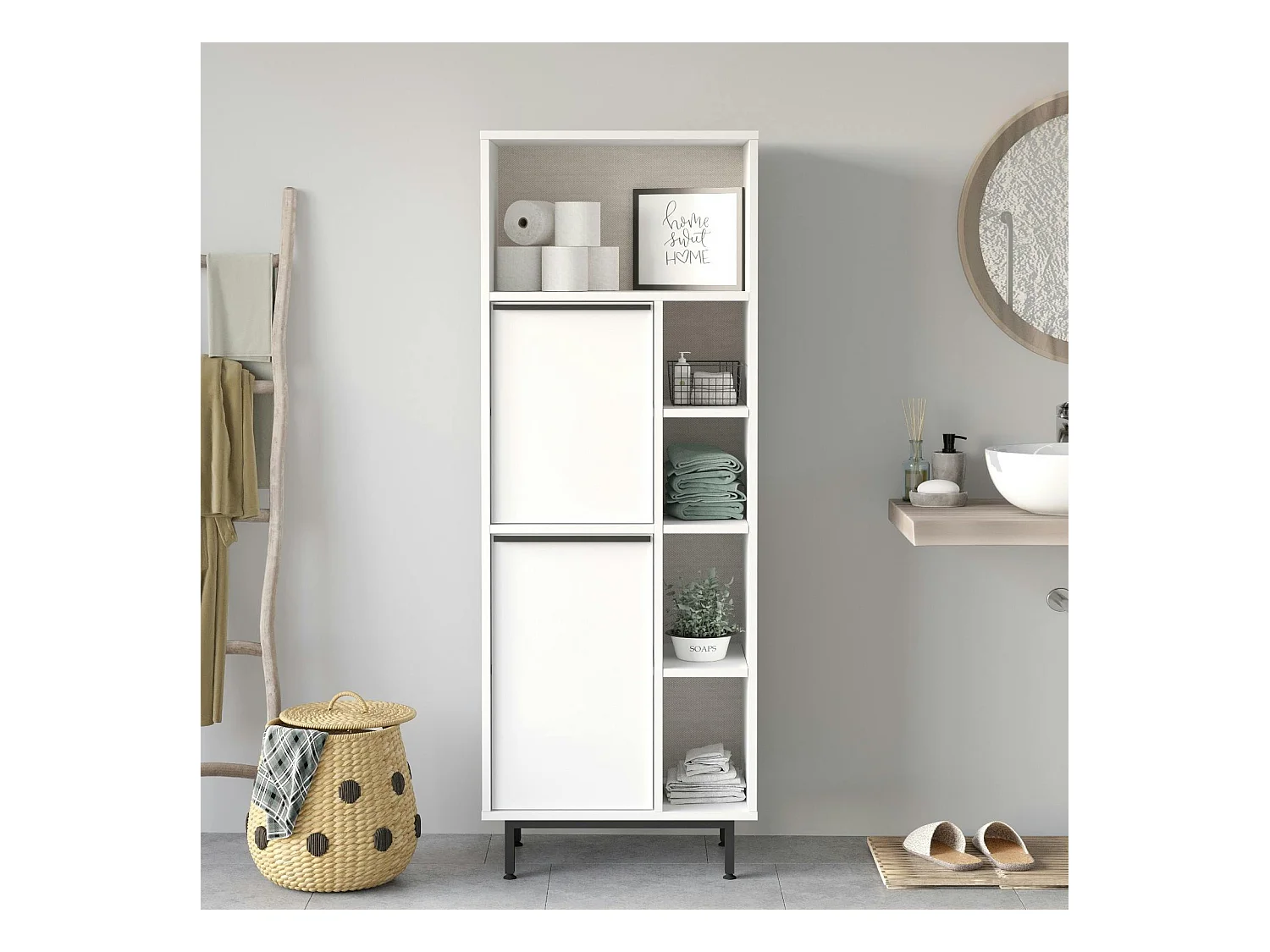 Colonne salle de bains blanche 2 portes 5 niches JENA