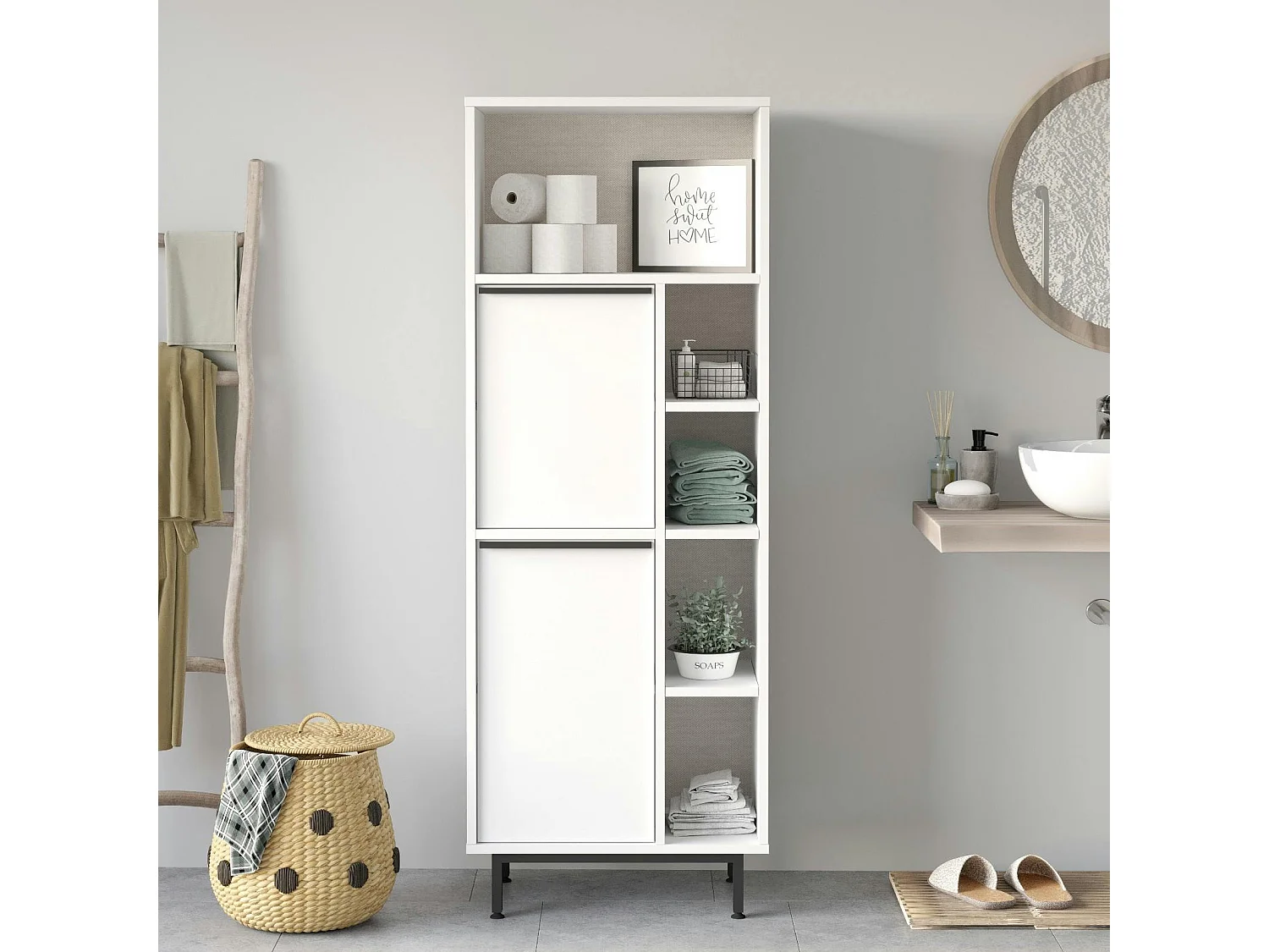 Colonne salle de bains blanche 2 portes 5 niches JENA