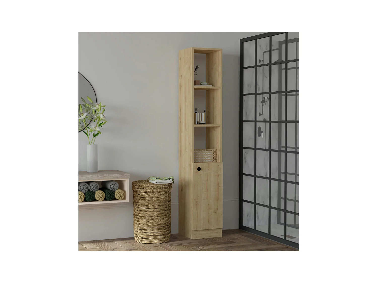 Colonne salle de bains effet chêne, 1 porte 3 niches MARFA