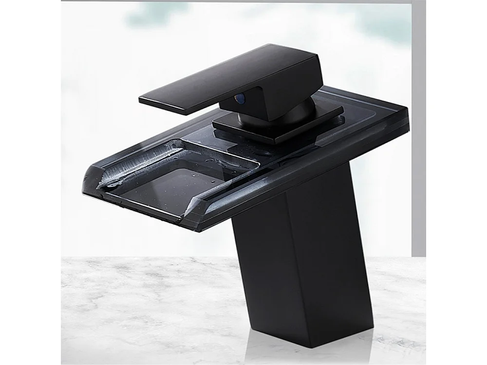 Robinet de salle de bain Mitigeur de lavabo cascade en vitrocéramique noire avec flexible, sans LED