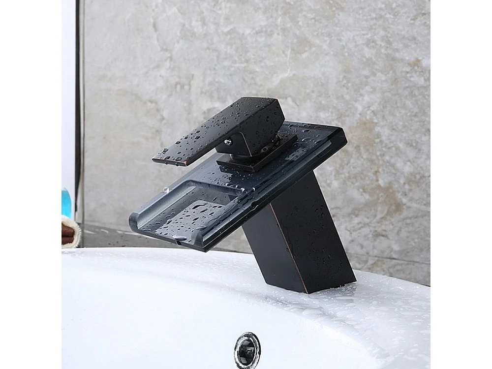 Robinet de salle de bain Mitigeur de lavabo cascade en vitrocéramique noire avec flexible, sans LED