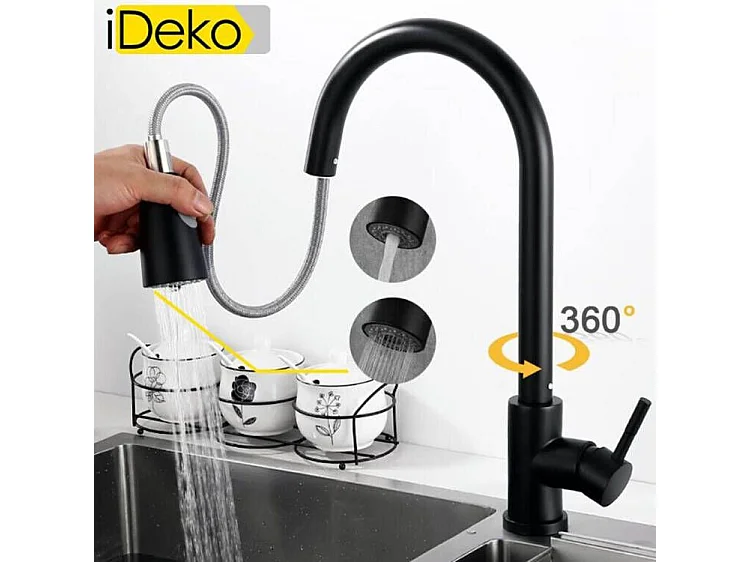 Robinet de cuisine multifonction noir moderne à 2 jets gamme standard