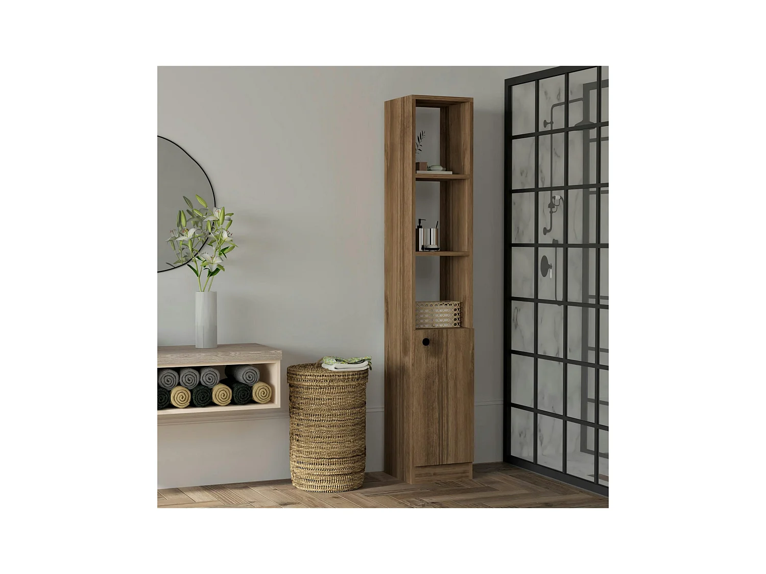 Colonne salle de bains effet noyer, 1 porte 3 niches MARFA