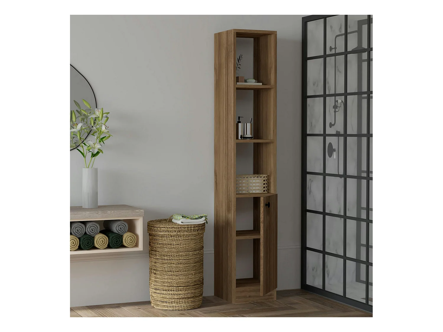 Colonne salle de bains effet noyer, 1 porte 3 niches MARFA