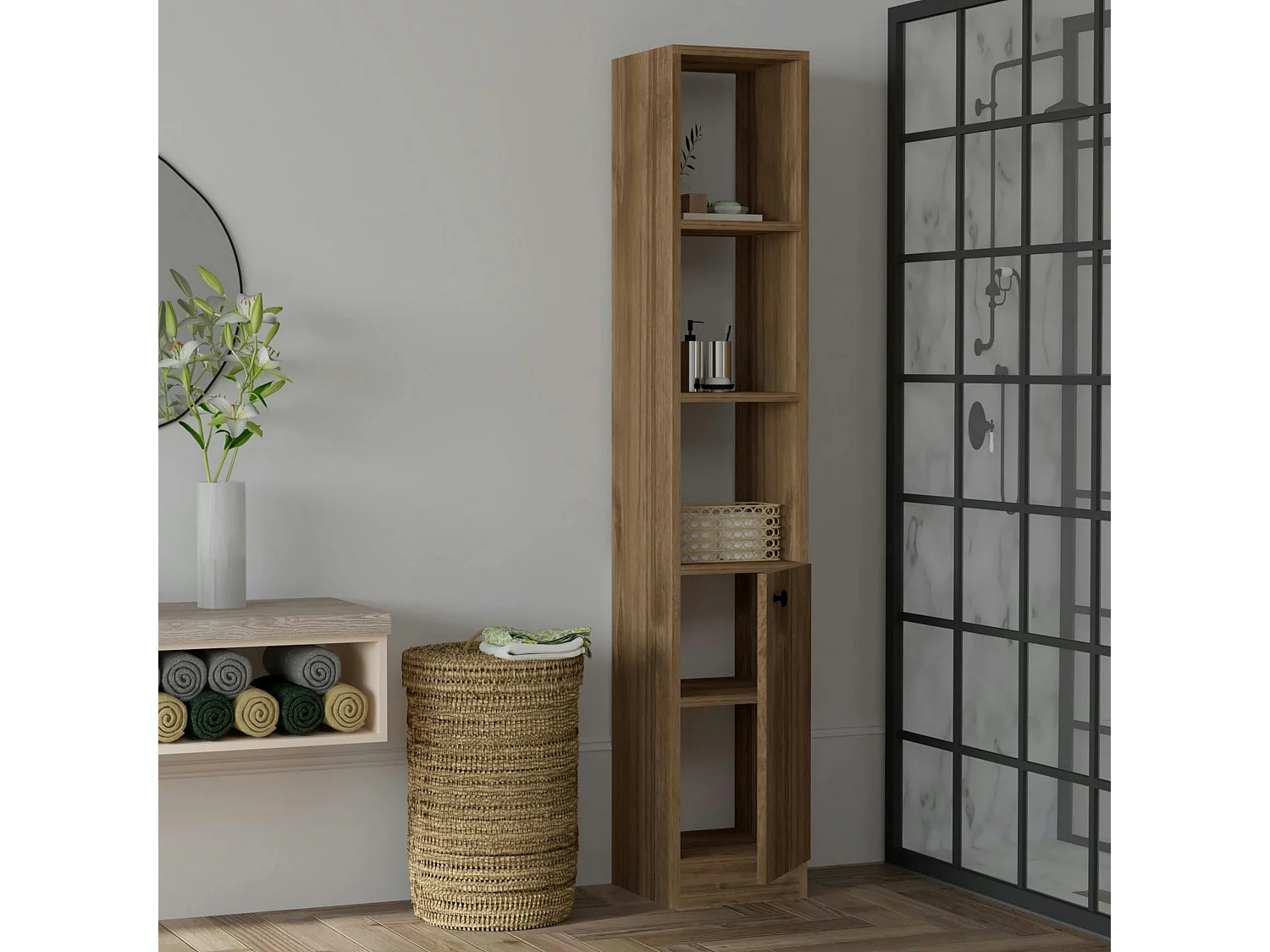 Colonne salle de bains effet noyer, 1 porte 3 niches MARFA