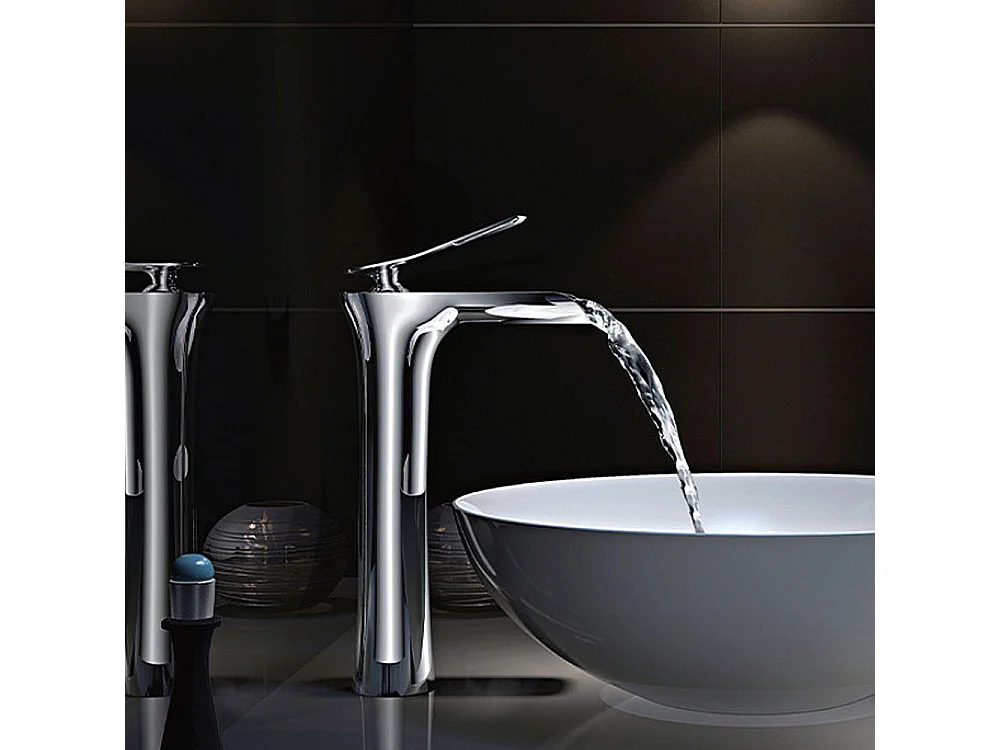 Robinet salle de bain Robinet de lavabo haut design moderne bec cascade, chrome IDK3127,avec flexibles