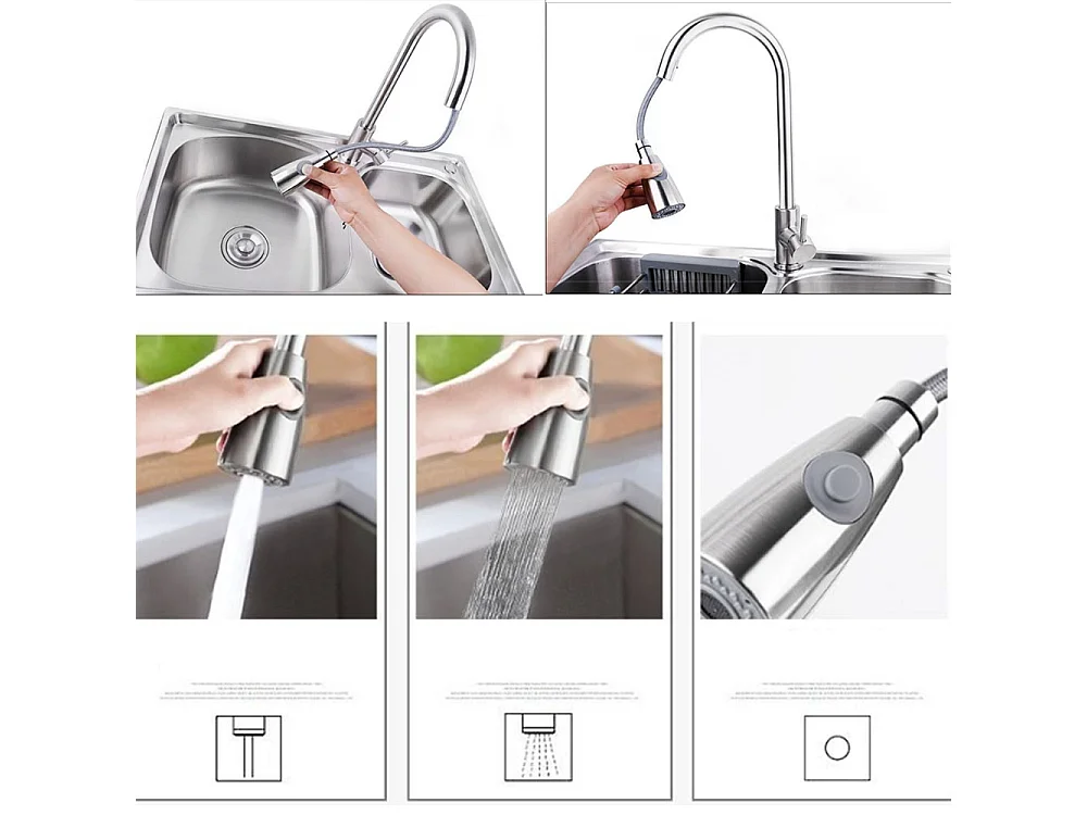 Robinet de cuisine Mitigeur d'évier monocommande rotation à 360 degrés avec douchette extractible laiton nickel brossé