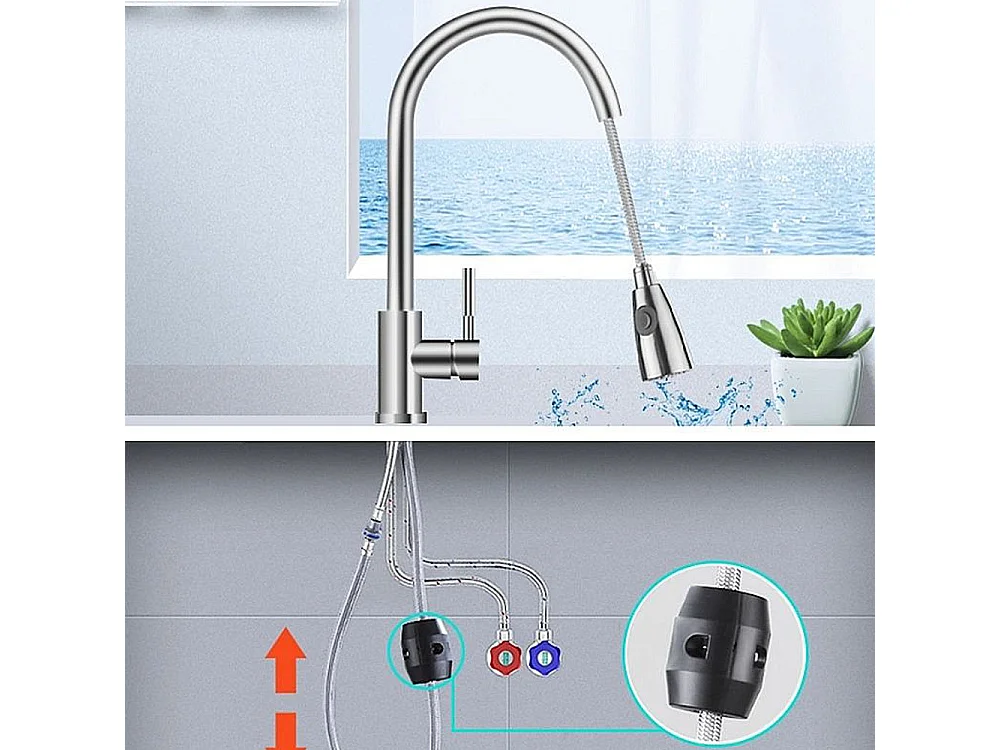 Robinet de cuisine Mitigeur d'évier monocommande rotation à 360 degrés avec douchette extractible laiton nickel brossé