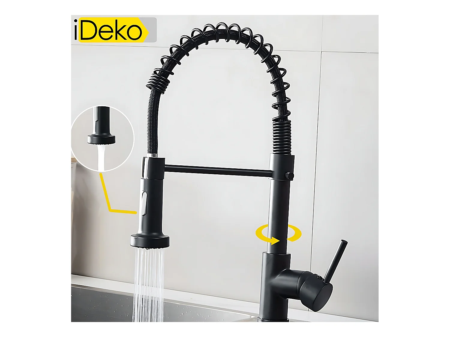 Robinet de cuisine multifonction Pro à 2 jets rotation à 360 degrés noir moderne