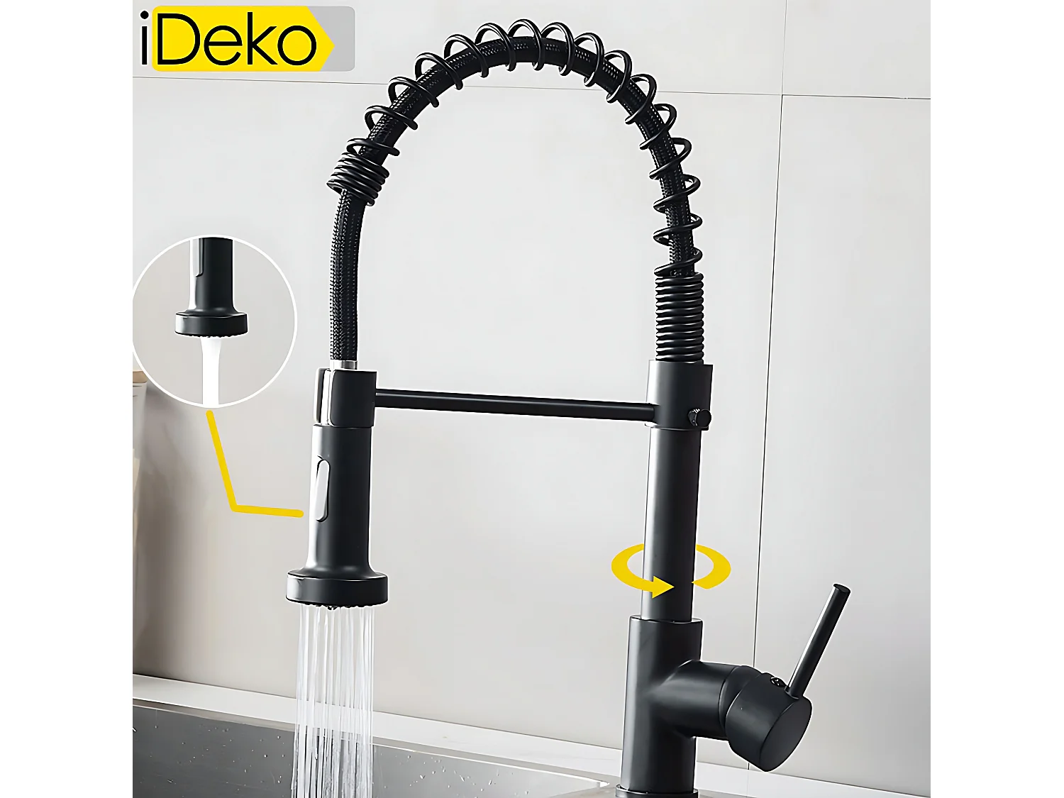 Robinet de cuisine multifonction Pro à 2 jets rotation à 360 degrés noir moderne