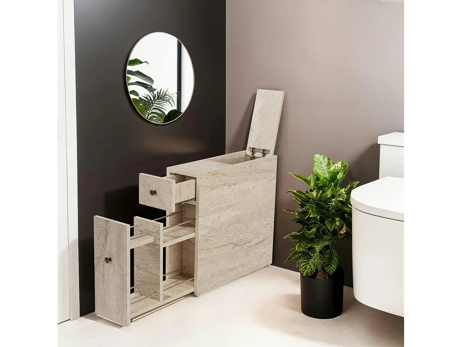 Meuble WC effet travertin, 2 tiroirs 1 porte MARFA