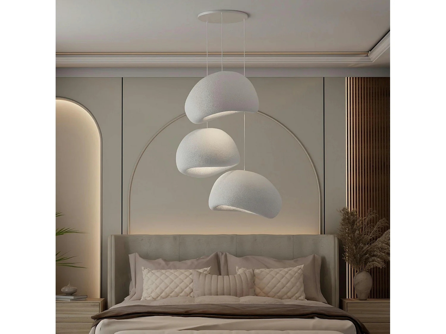 Suspension salon design blanche 3 abat-jour 80 cm NOXIS