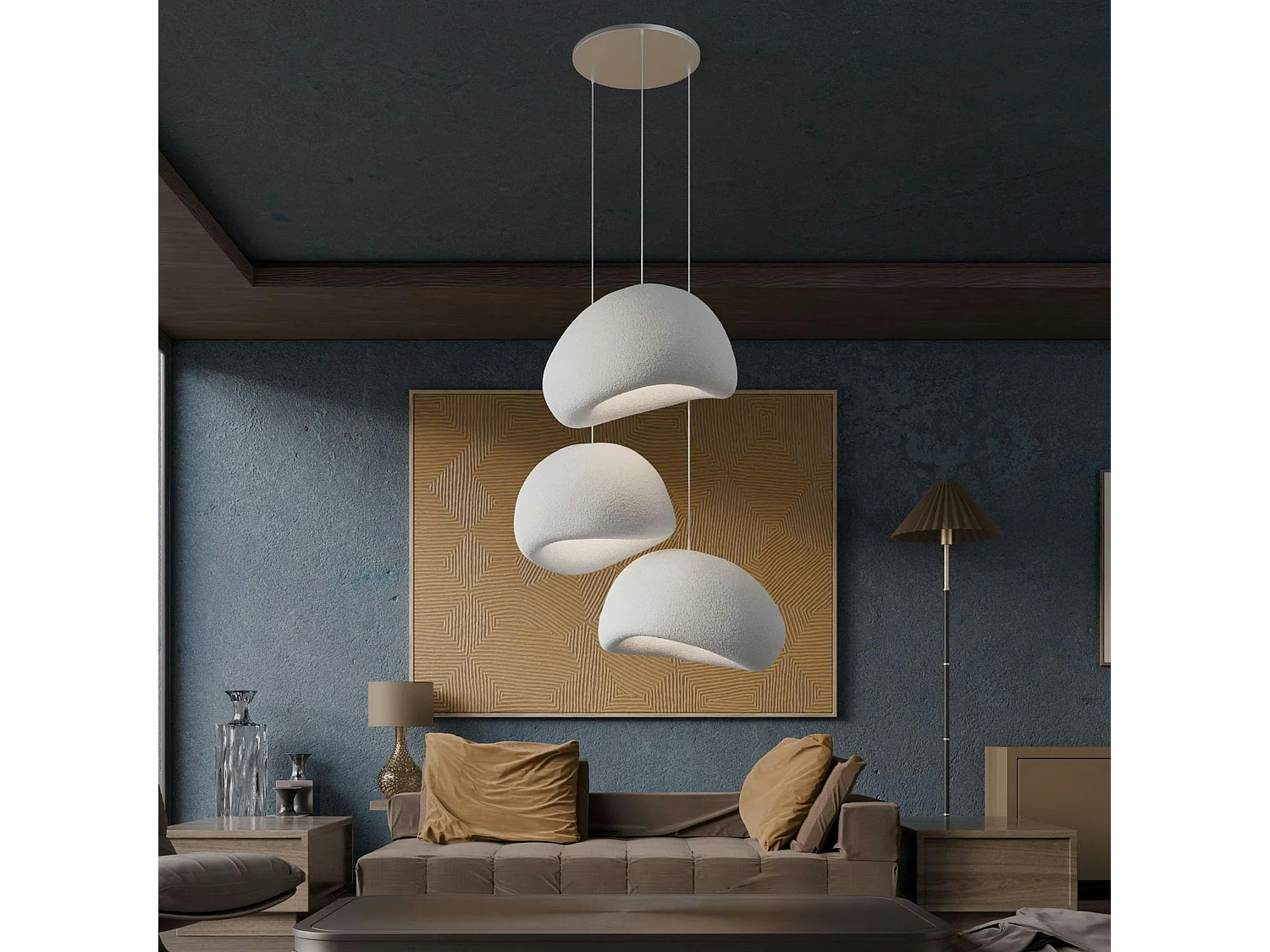 Suspension salon design blanche 3 abat-jour 80 cm NOXIS