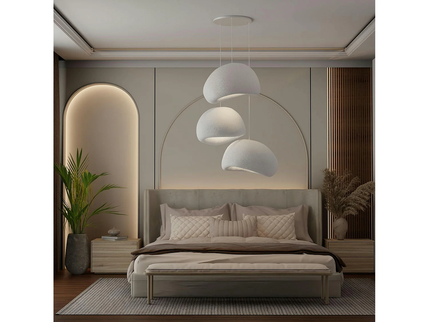 Suspension salon design blanche 3 abat-jour 80 cm NOXIS