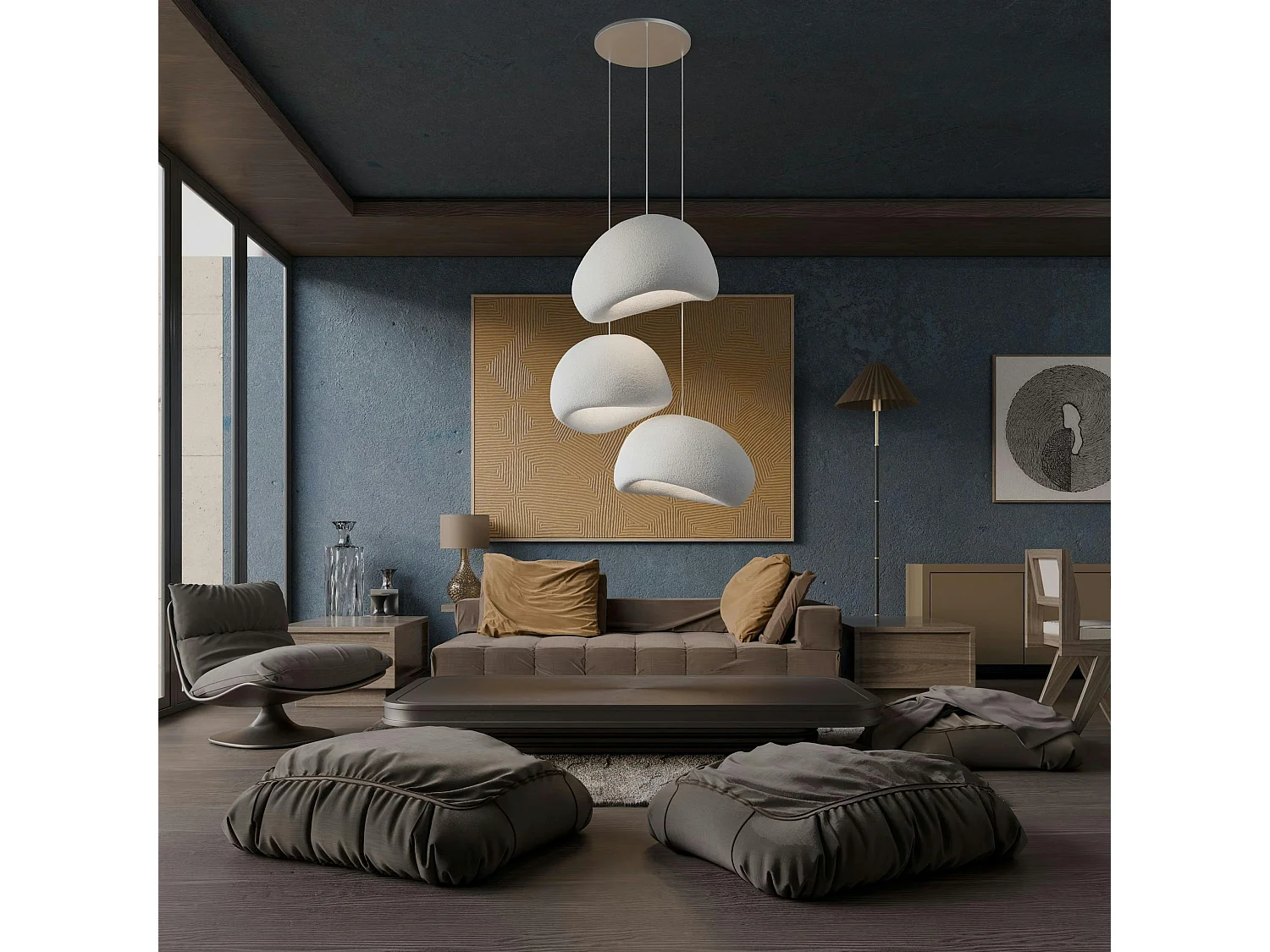 Suspension salon design blanche 3 abat-jour 80 cm NOXIS