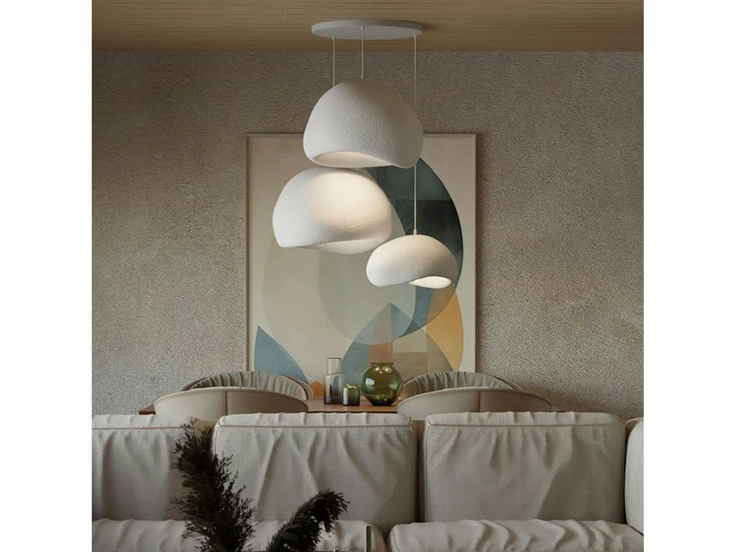 Suspension blanche moderne 3 abat-jour organiques 76 cm NOXIS