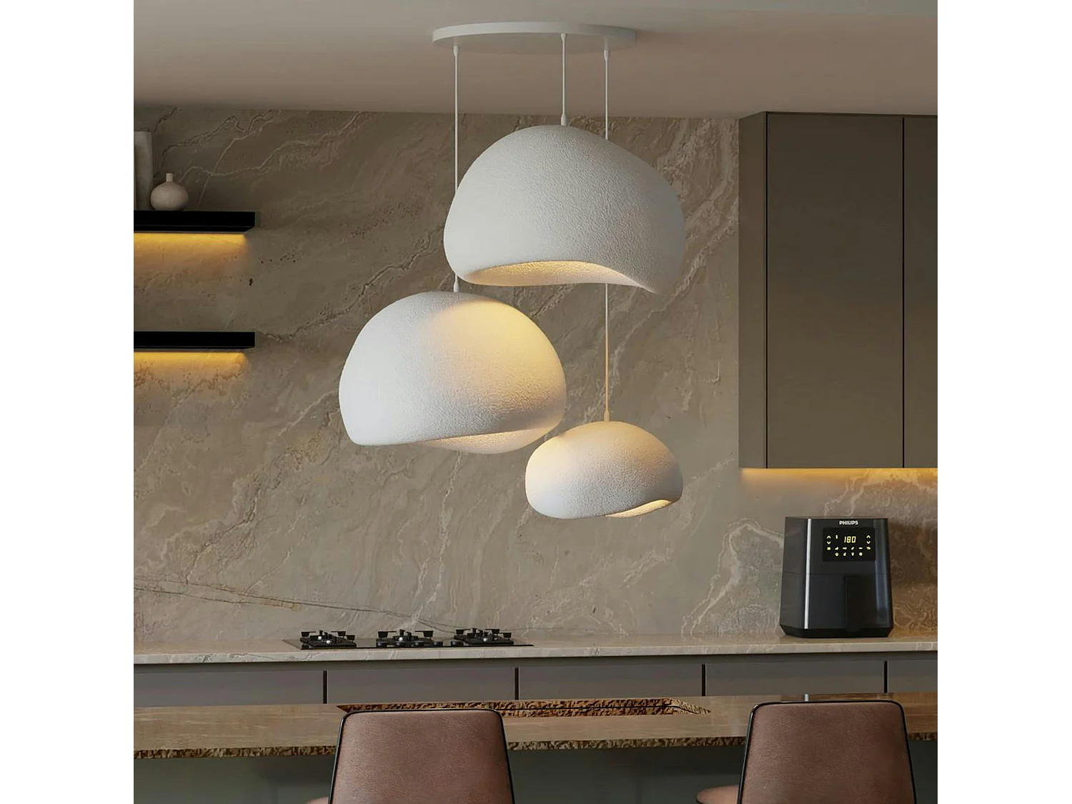 Suspension blanche moderne 3 abat-jour organiques 76 cm NOXIS