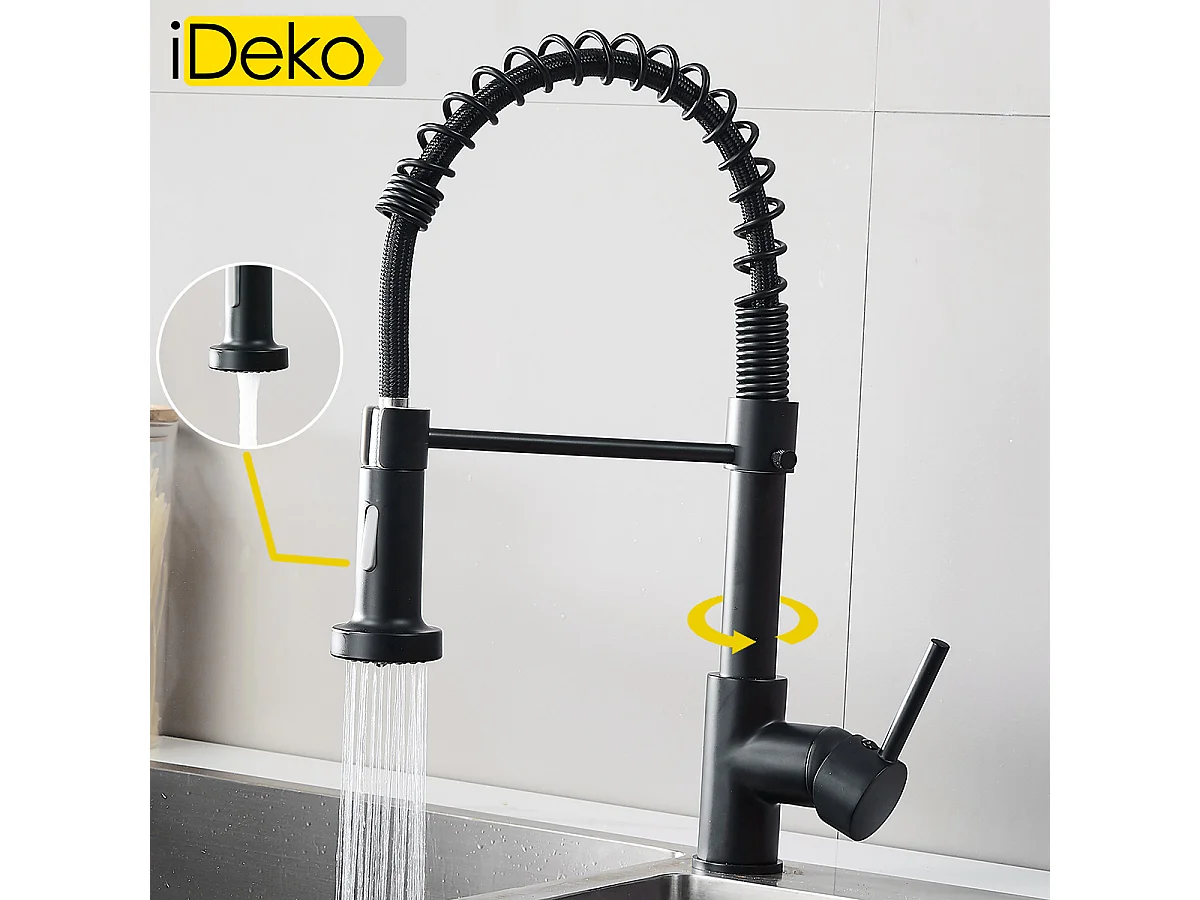 Robinet de cuisine multifonction Pro à 2 jets rotation à 360 degrés noir moderne