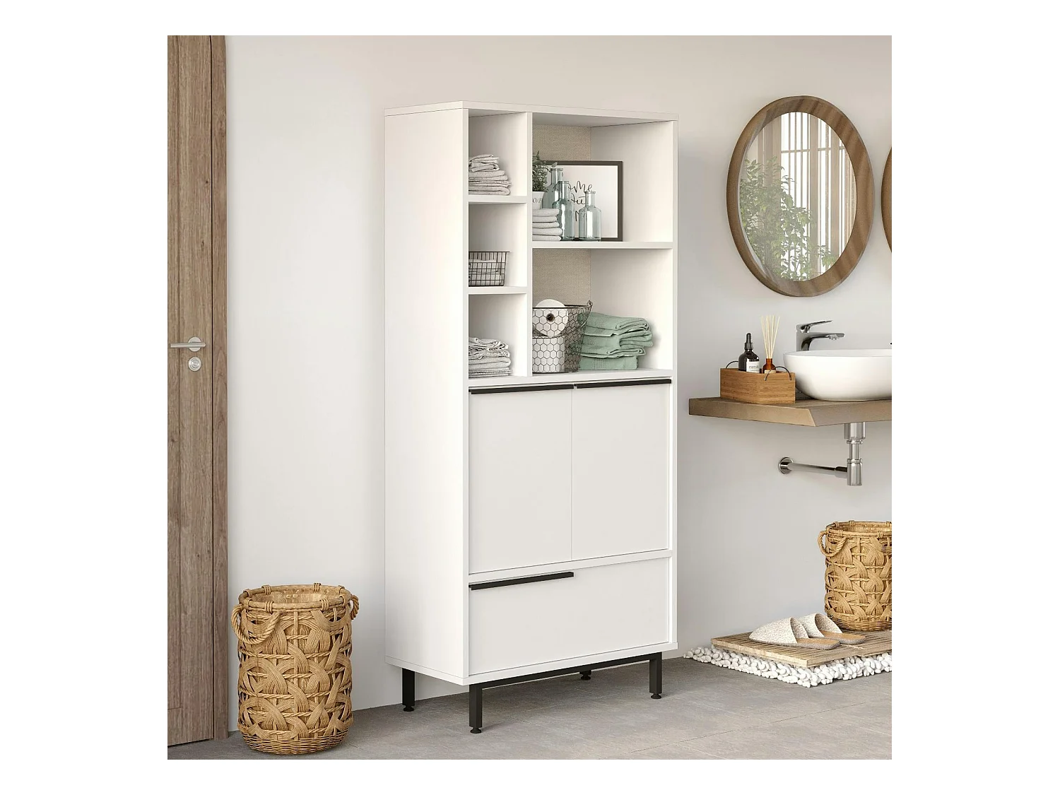 Colonne salle de bains blanche 3 portes 5 niches JENA