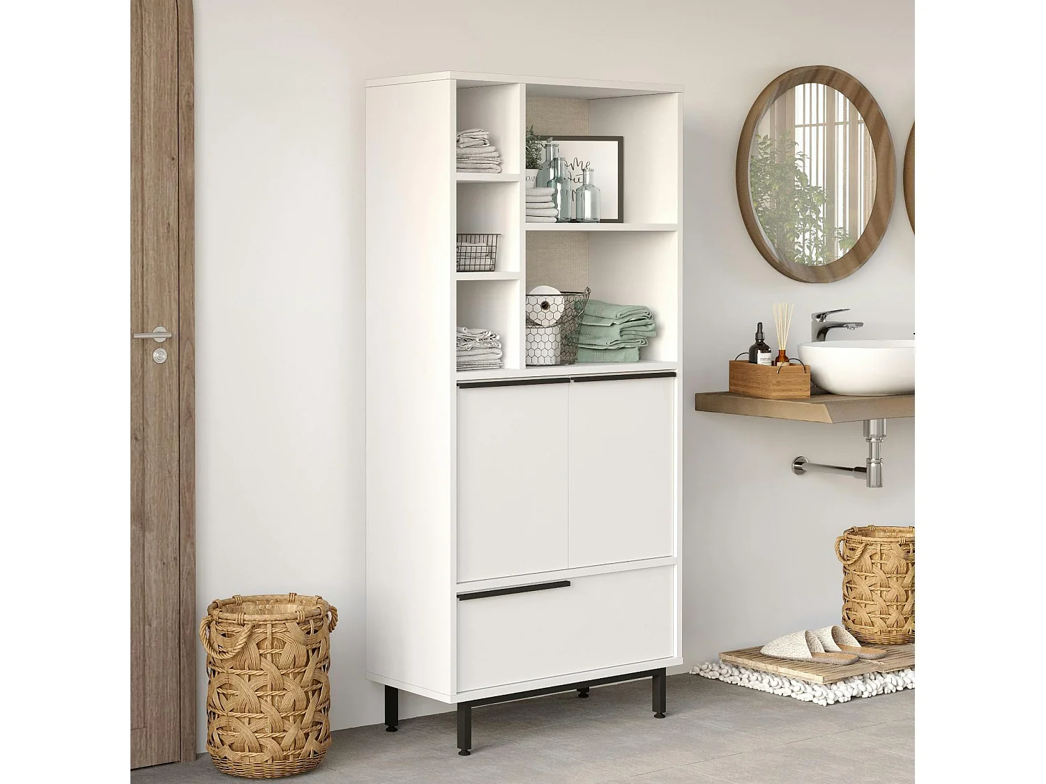 Colonne salle de bains blanche 3 portes 5 niches JENA