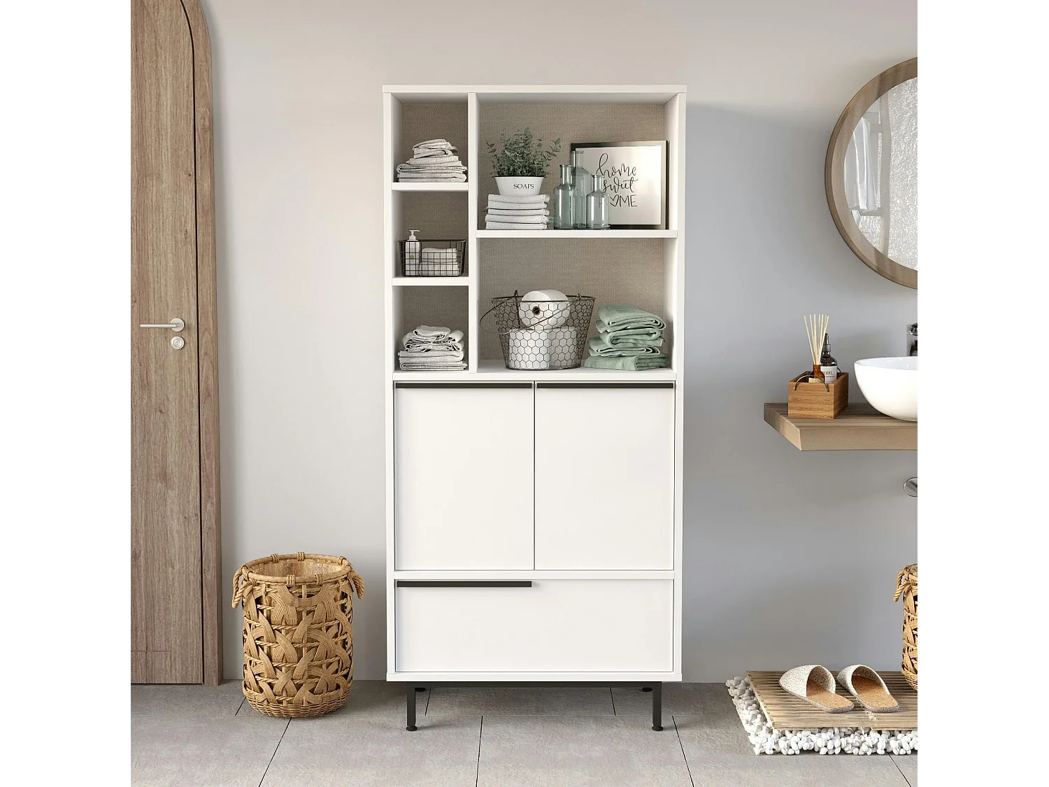 Colonne salle de bains blanche 3 portes 5 niches JENA