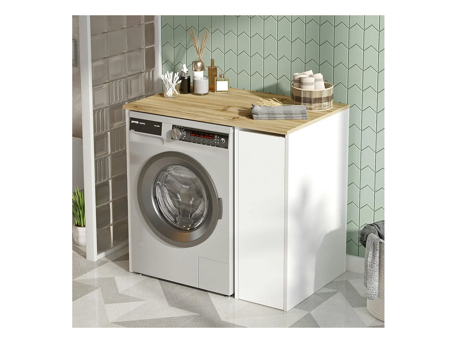 Meuble pour lave-linge 1 tiroir, blanc & bois clair MARFA