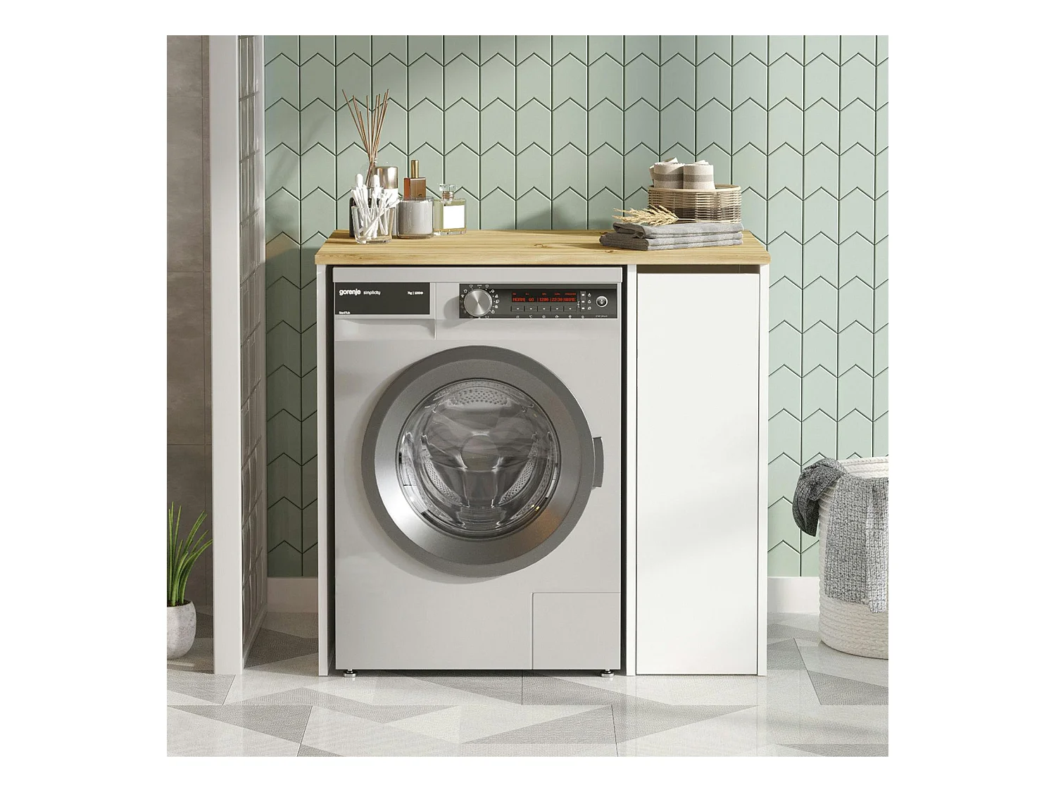 Meuble pour lave-linge 1 tiroir, blanc & bois clair MARFA