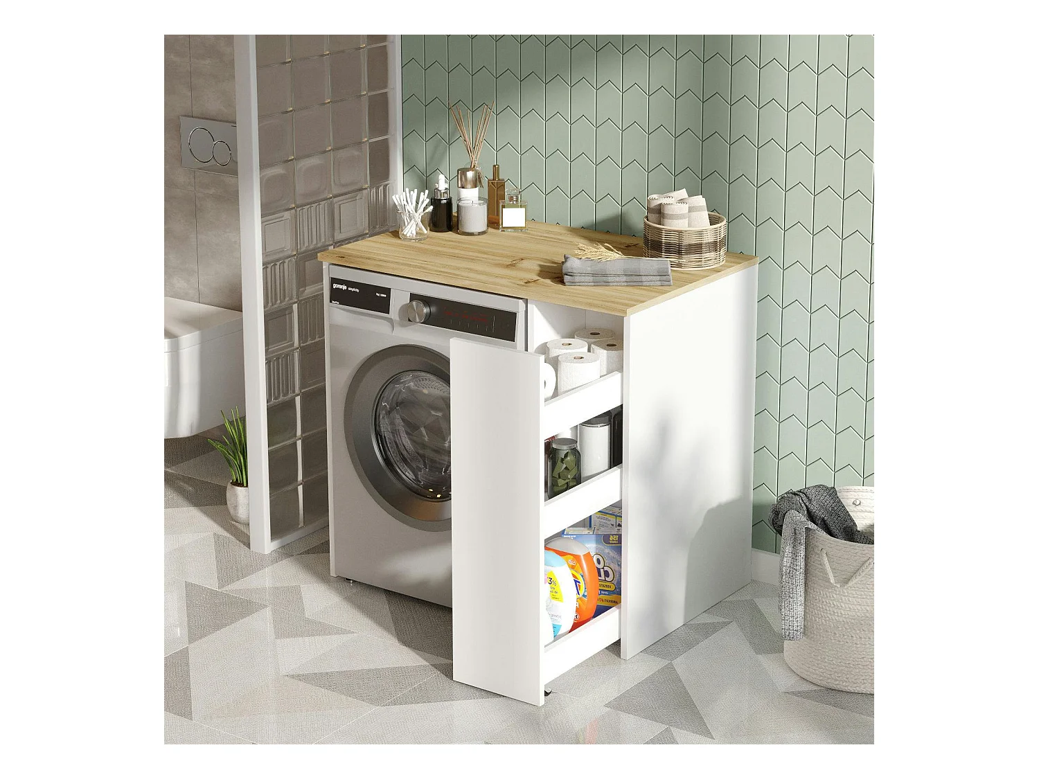 Meuble pour lave-linge 1 tiroir, blanc & bois clair MARFA