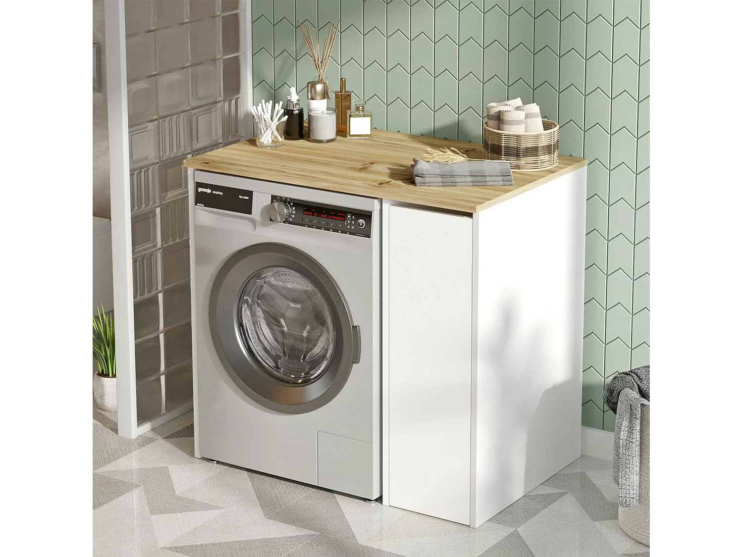 Meuble pour lave-linge 1 tiroir, blanc & bois clair MARFA