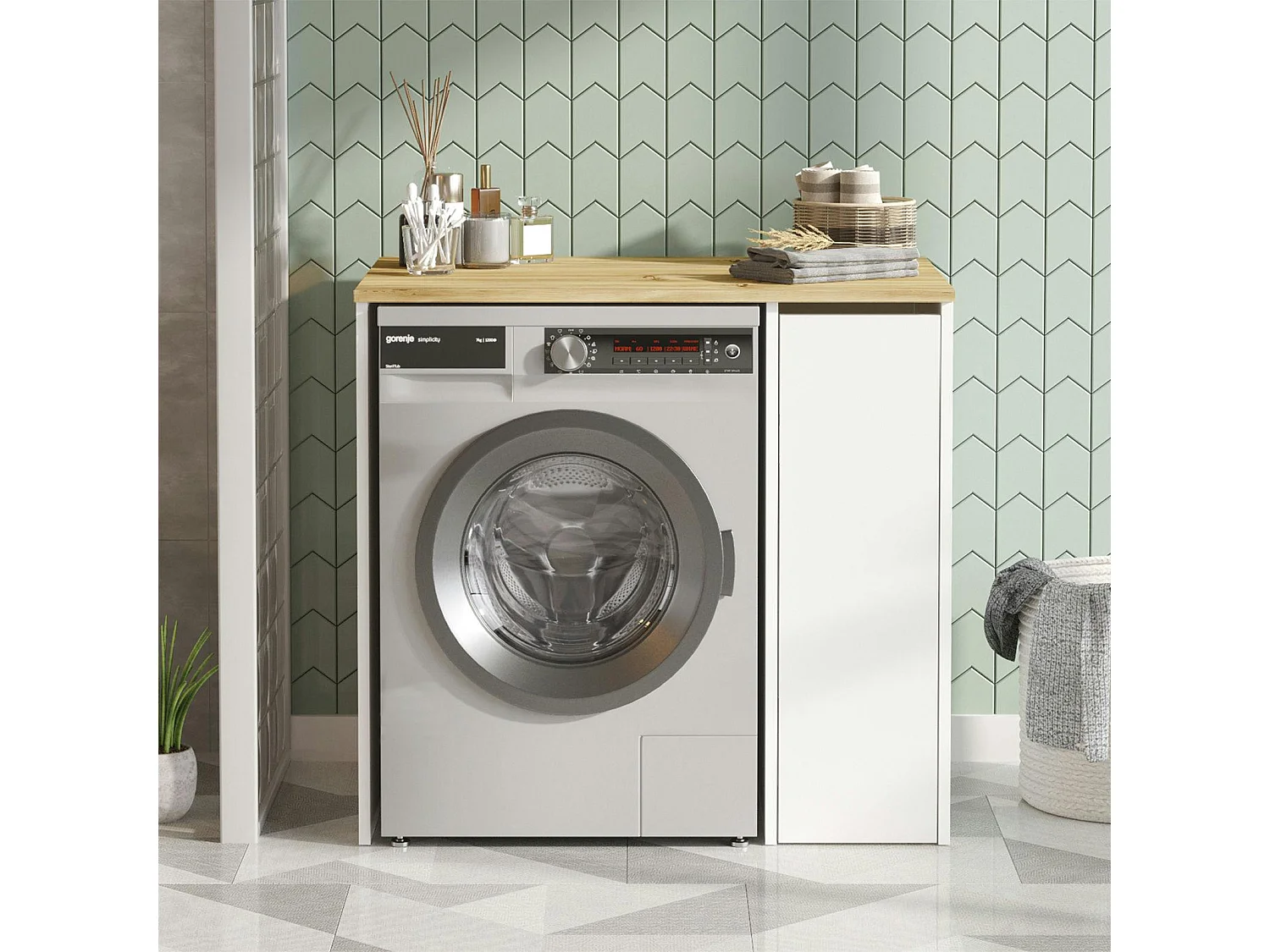 Meuble pour lave-linge 1 tiroir, blanc & bois clair MARFA